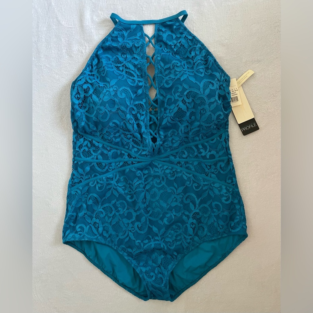NWT Profile by Gottex One Piece Swimsuit Size 22W High Neck Lace Blue Peacock